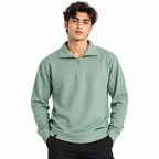 Sage Green Jacquard Quarter-Zip Full Sleeve Tee | Relaxed Fit