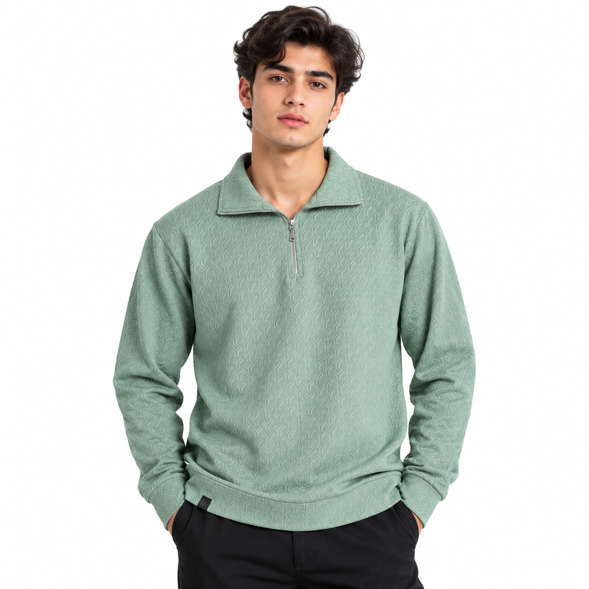 Sage Green Jacquard Quarter-Zip Full Sleeve Tee | Relaxed Fit
