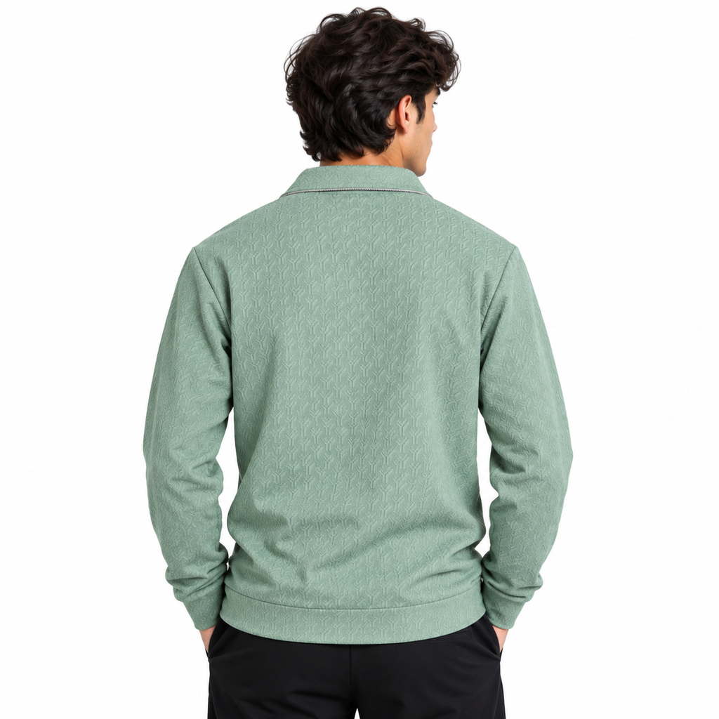 Sage Green Jacquard Quarter-Zip Full Sleeve Tee | Relaxed Fit