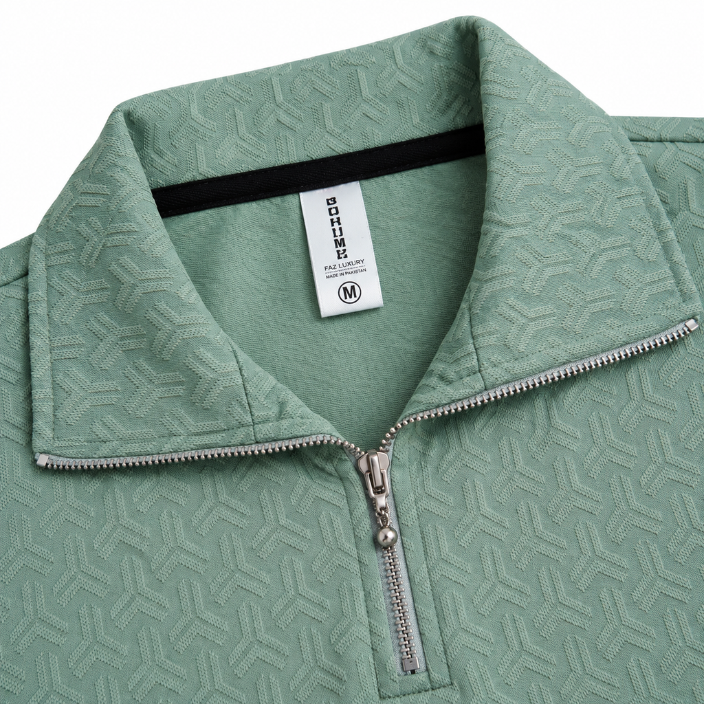 Sage Green Jacquard Quarter-Zip Full Sleeve Tee | Relaxed Fit