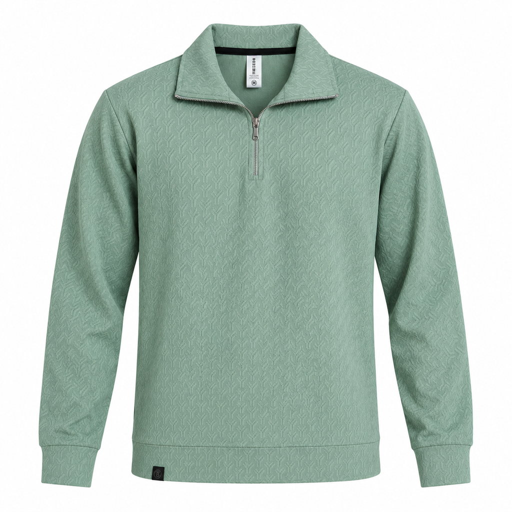 Sage Green Jacquard Quarter-Zip Full Sleeve Tee | Relaxed Fit