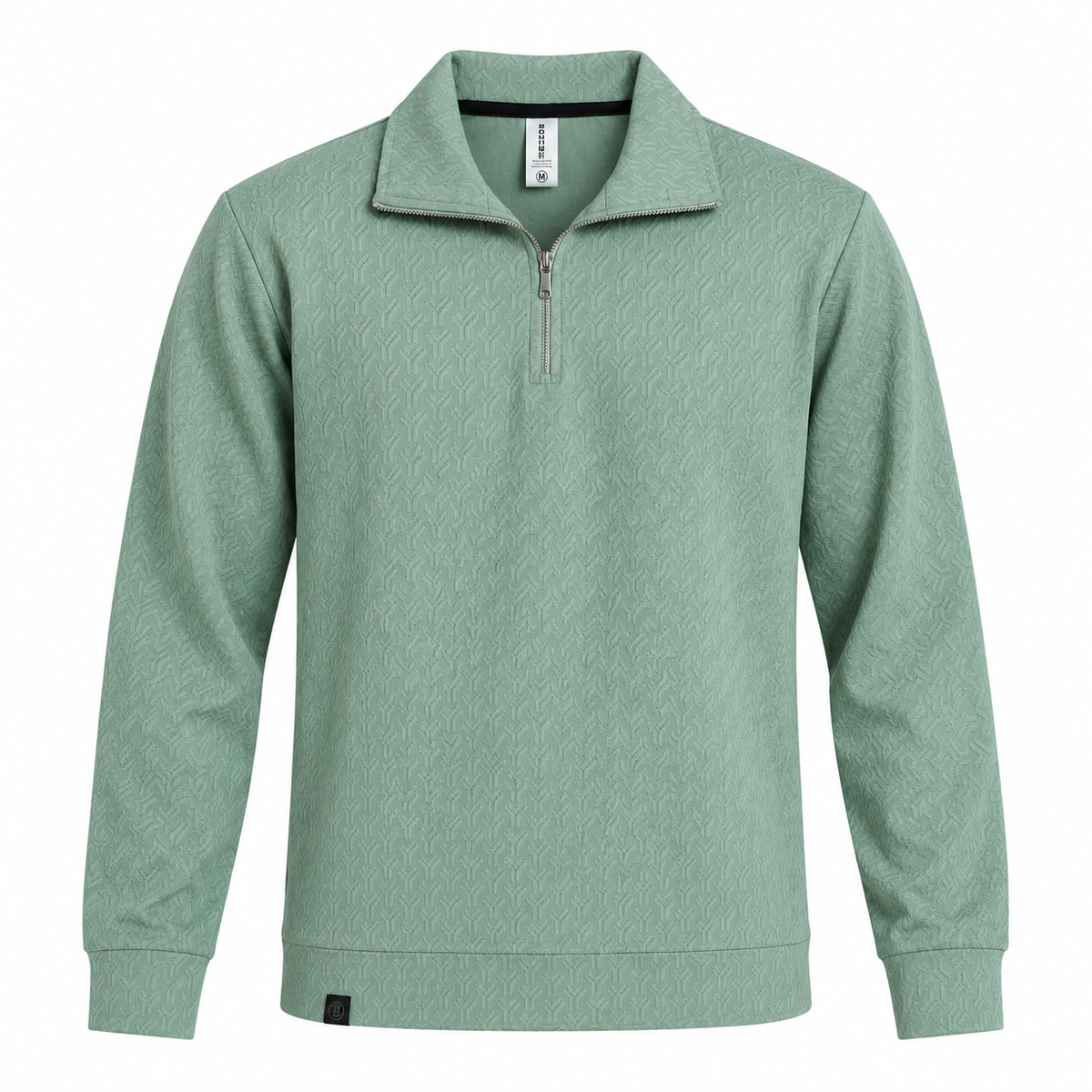Sage Green Jacquard Quarter-Zip Full Sleeve Tee | Relaxed Fit