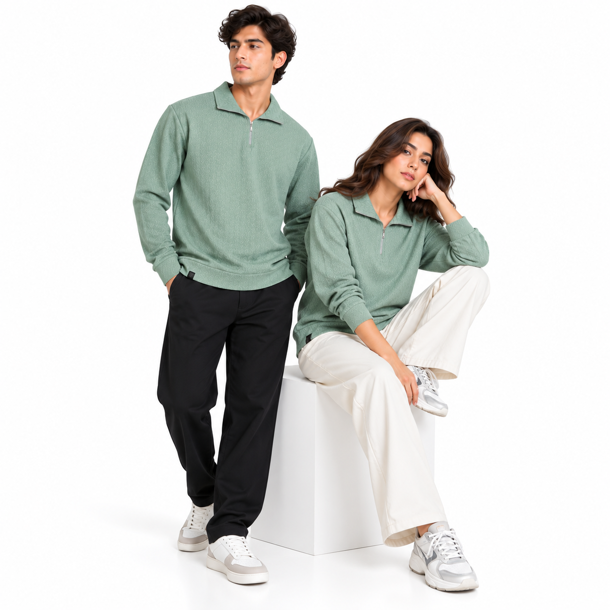 Sage Green Jacquard Quarter-Zip Full Sleeve Tee | Relaxed Fit