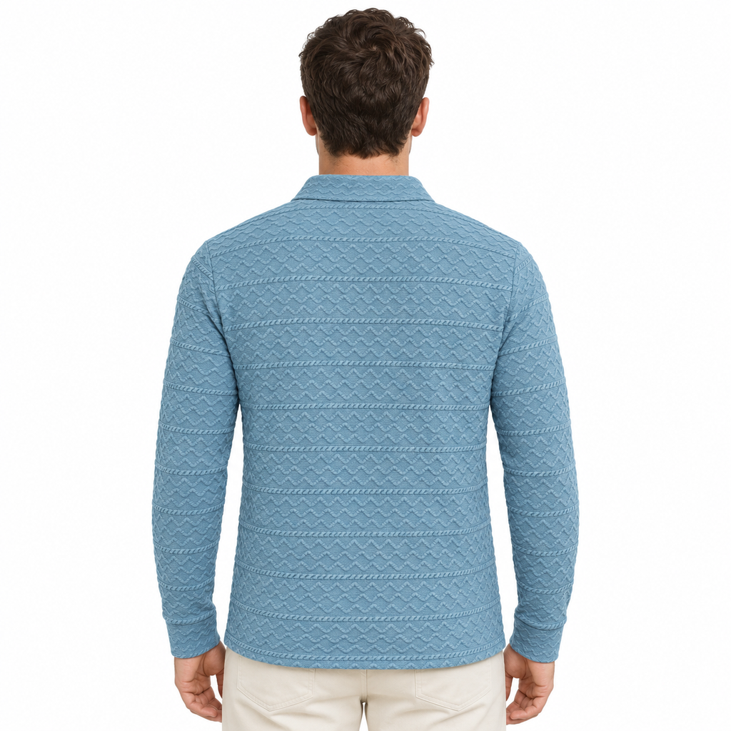 Sky Blue Cable-Jacquard Quarter-Zip Polo Tee | Relaxed Fit