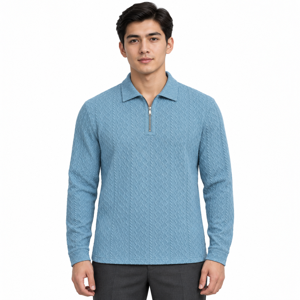 Sky Blue Cable-Jacquard Quarter-Zip Polo Tee | Relaxed Fit