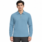 Sky Blue Cable-Jacquard Quarter-Zip Polo Tee | Relaxed Fit