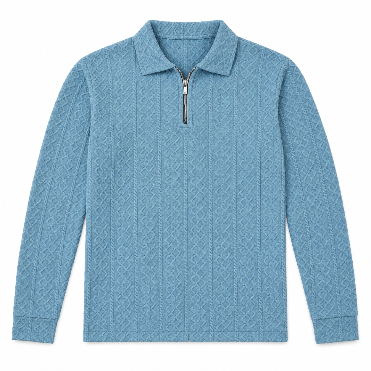 Sky Blue Cable-Jacquard Quarter-Zip Polo Tee | Relaxed Fit