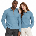 Sky Blue Cable-Jacquard Quarter-Zip Polo Tee | Relaxed Fit