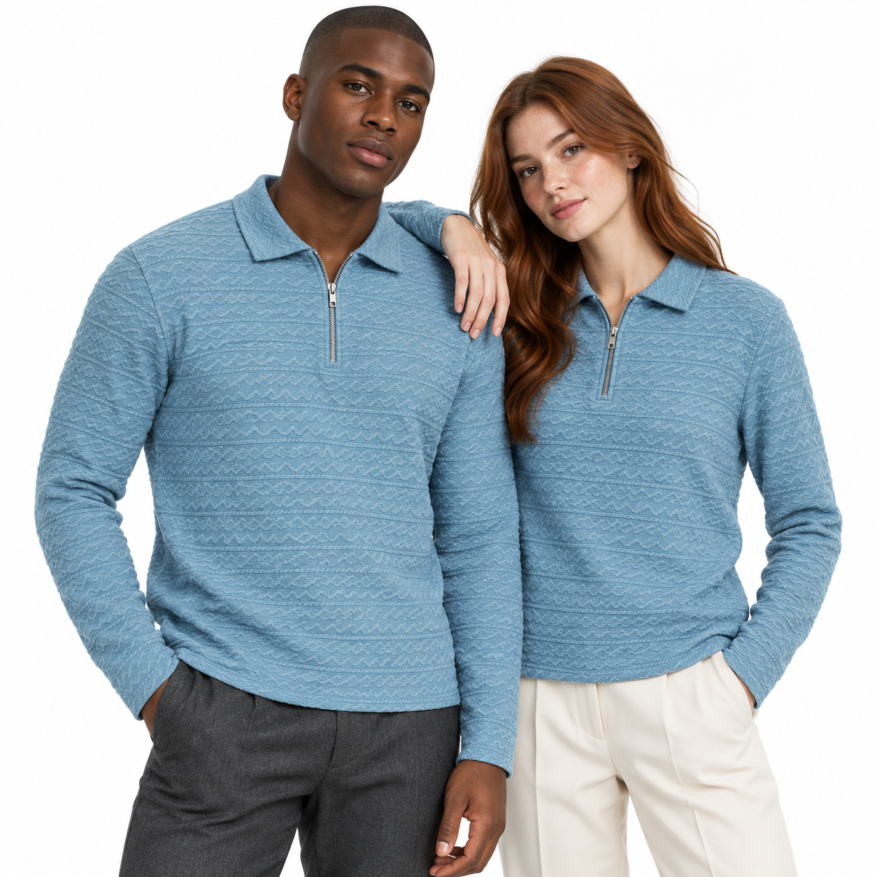 Sky Blue Cable-Jacquard Quarter-Zip Polo Tee | Relaxed Fit