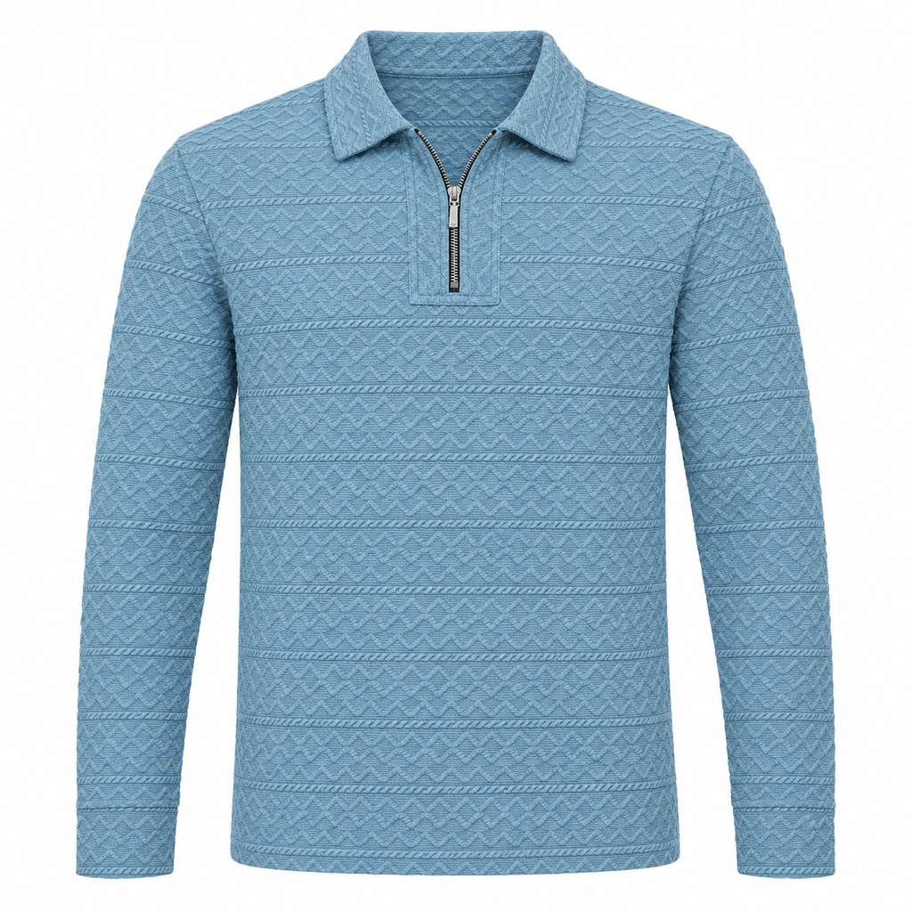 Sky Blue Cable-Jacquard Quarter-Zip Polo Tee | Relaxed Fit