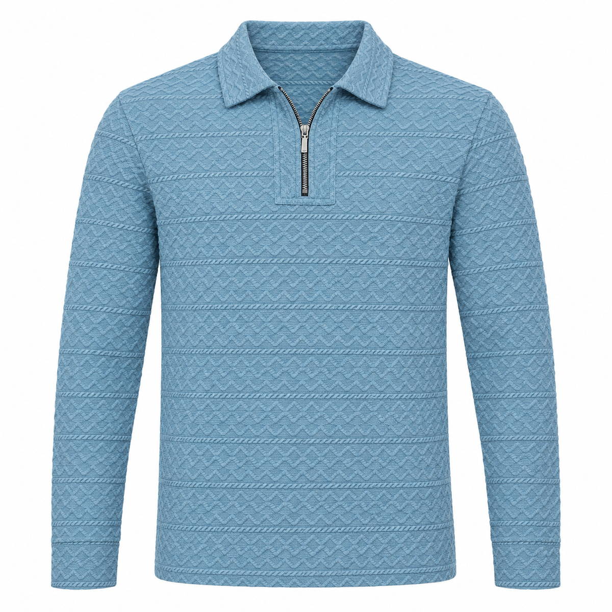 Sky Blue Cable-Jacquard Quarter-Zip Polo Tee | Relaxed Fit