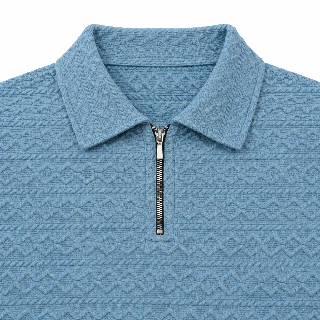 Sky Blue Cable-Jacquard Quarter-Zip Polo Tee | Relaxed Fit