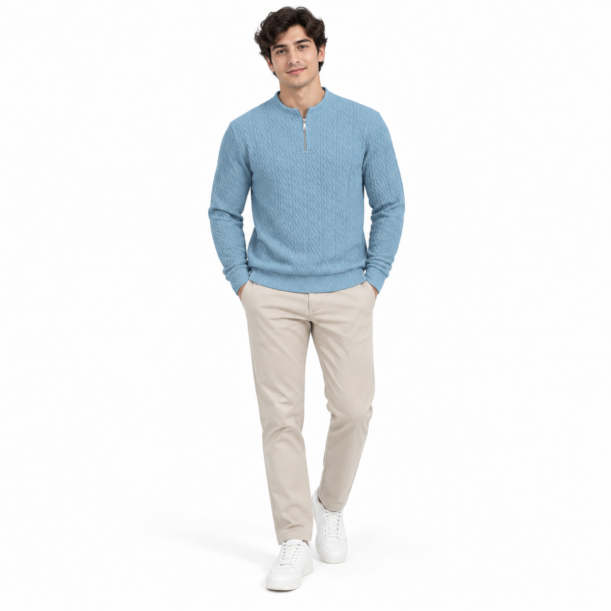 Sky Blue Cable-Jacquard Quarter-Zip Polo Tee | Relaxed Fit