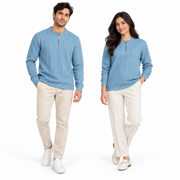 Sky Blue Cable-Jacquard Quarter-Zip Polo Tee | Relaxed Fit