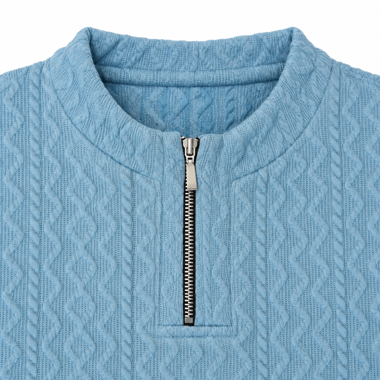 Sky Blue Cable-Jacquard Quarter-Zip Polo Tee | Relaxed Fit