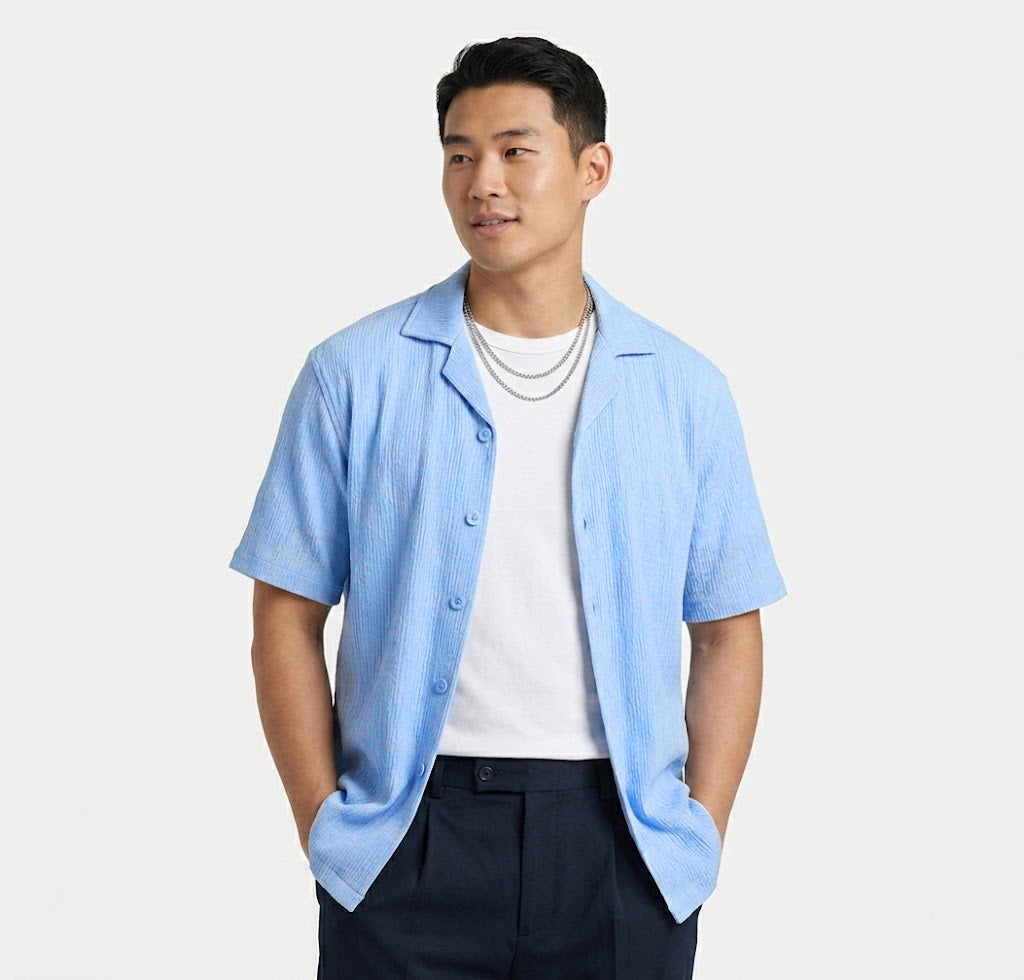 Sky Blue Textured Semi-Formal Shirt | Boxy fit | Unisex
