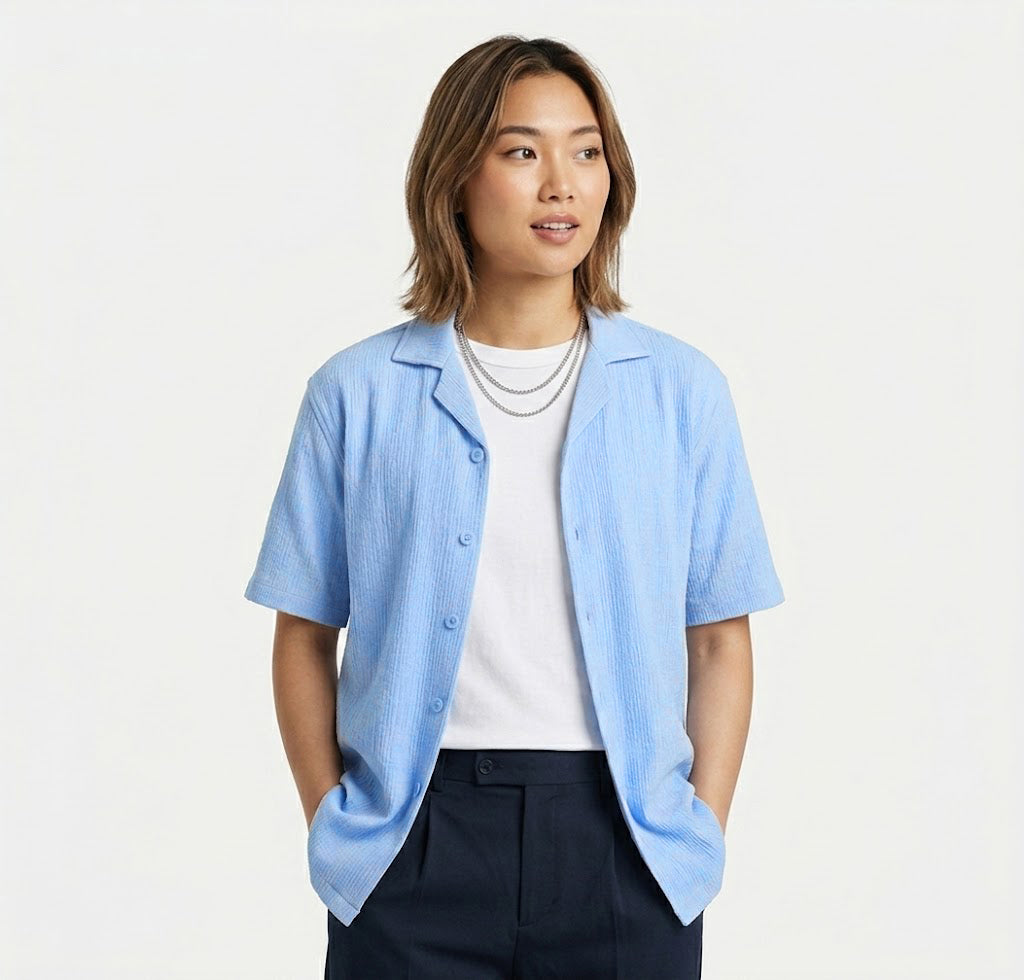Sky Blue Textured Semi-Formal Shirt | Boxy fit | Unisex