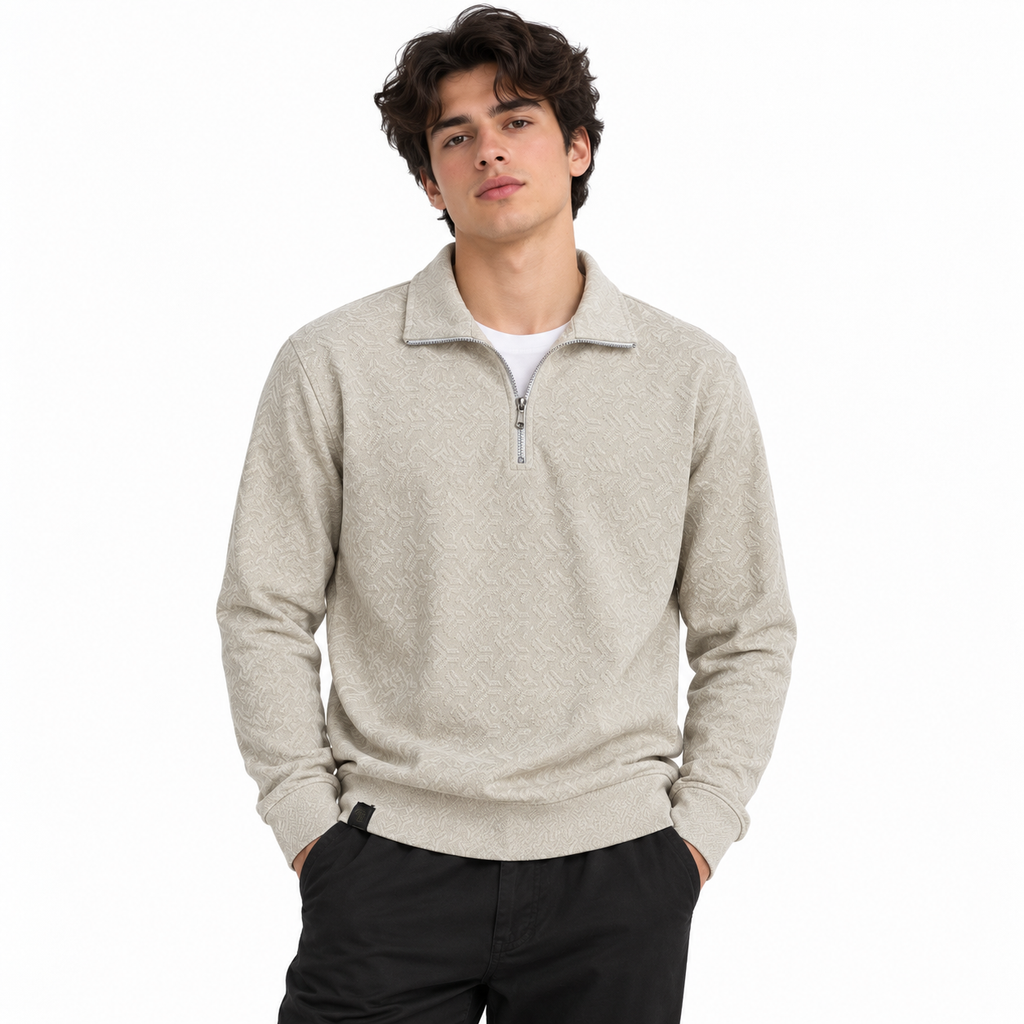 Stone Beige Jacquard Quarter-Zip Full Sleeve Tee | Relaxed Fit