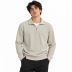 Stone Beige Jacquard Quarter-Zip Full Sleeve Tee | Relaxed Fit