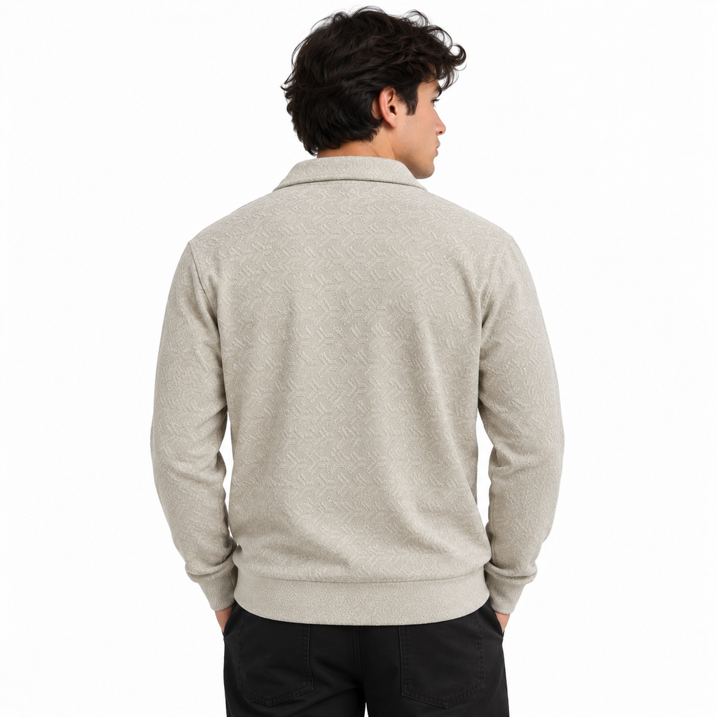 Stone Beige Jacquard Quarter-Zip Full Sleeve Tee | Relaxed Fit