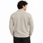 Stone Beige Jacquard Quarter-Zip Full Sleeve Tee | Relaxed Fit