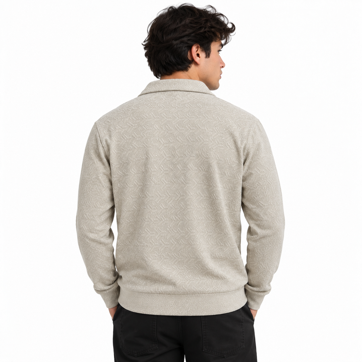 Stone Beige Jacquard Quarter-Zip Full Sleeve Tee | Relaxed Fit