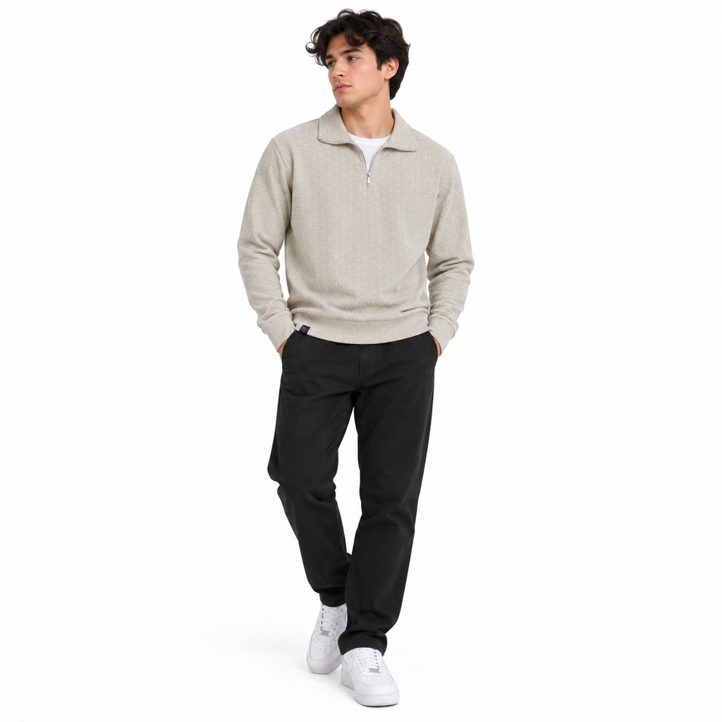 Stone Beige Jacquard Quarter-Zip Full Sleeve Tee | Relaxed Fit