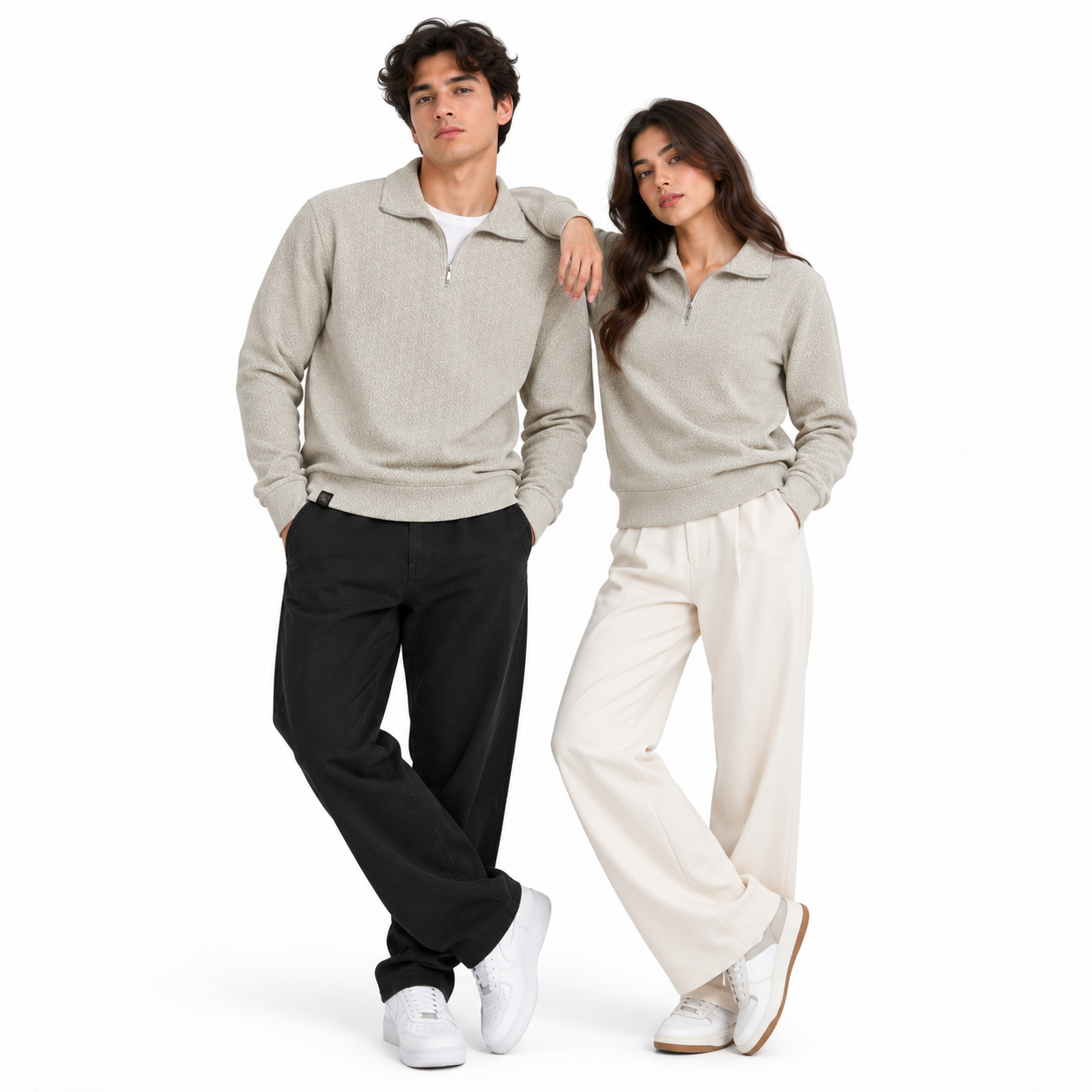 Stone Beige Jacquard Quarter-Zip Full Sleeve Tee | Relaxed Fit