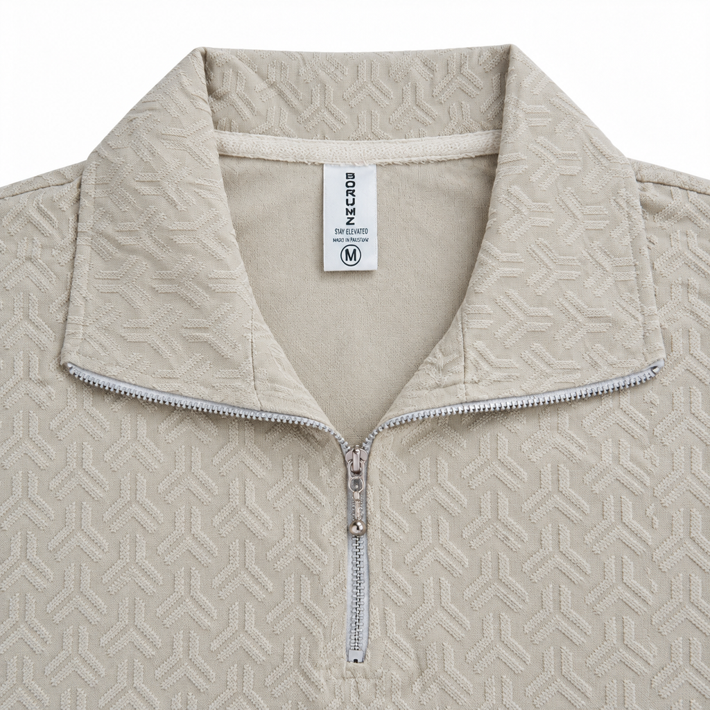Stone Beige Jacquard Quarter-Zip Full Sleeve Tee | Relaxed Fit
