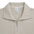 Stone Beige Jacquard Quarter-Zip Full Sleeve Tee | Relaxed Fit