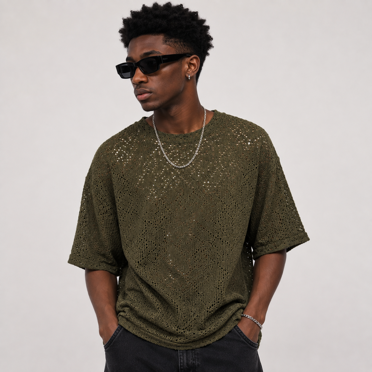 Summer Mesh Knit T-Shirt - Army Green - Crochet Knit