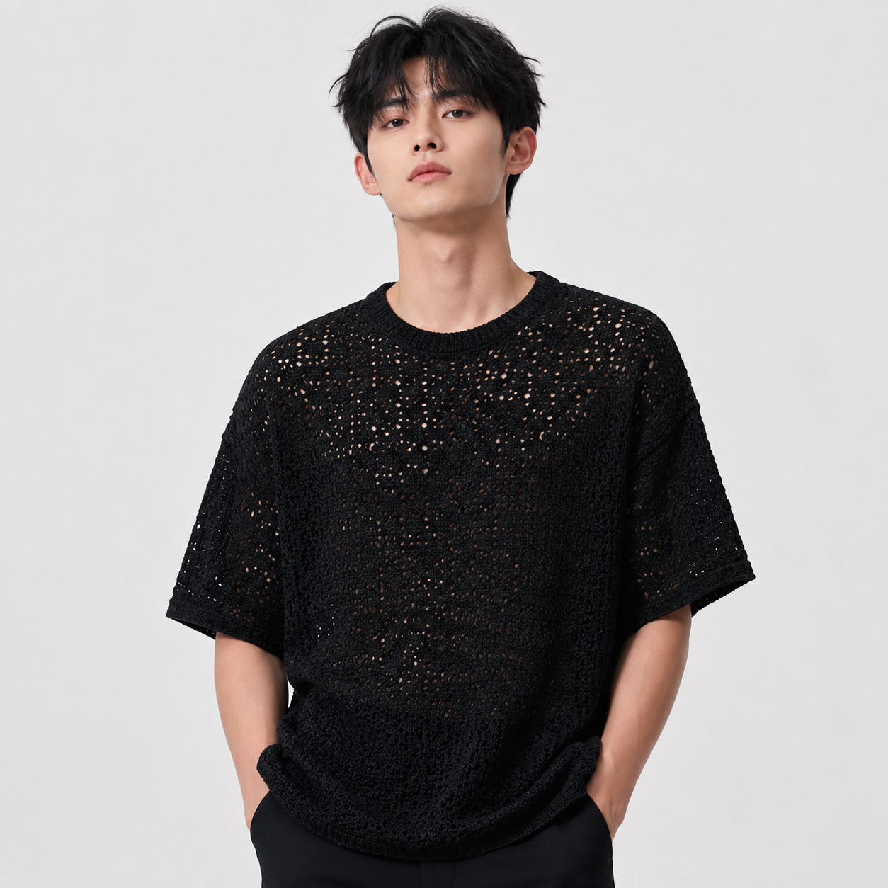 Summer Mesh Knit T-Shirt - Black - Crochet Knit Oversized