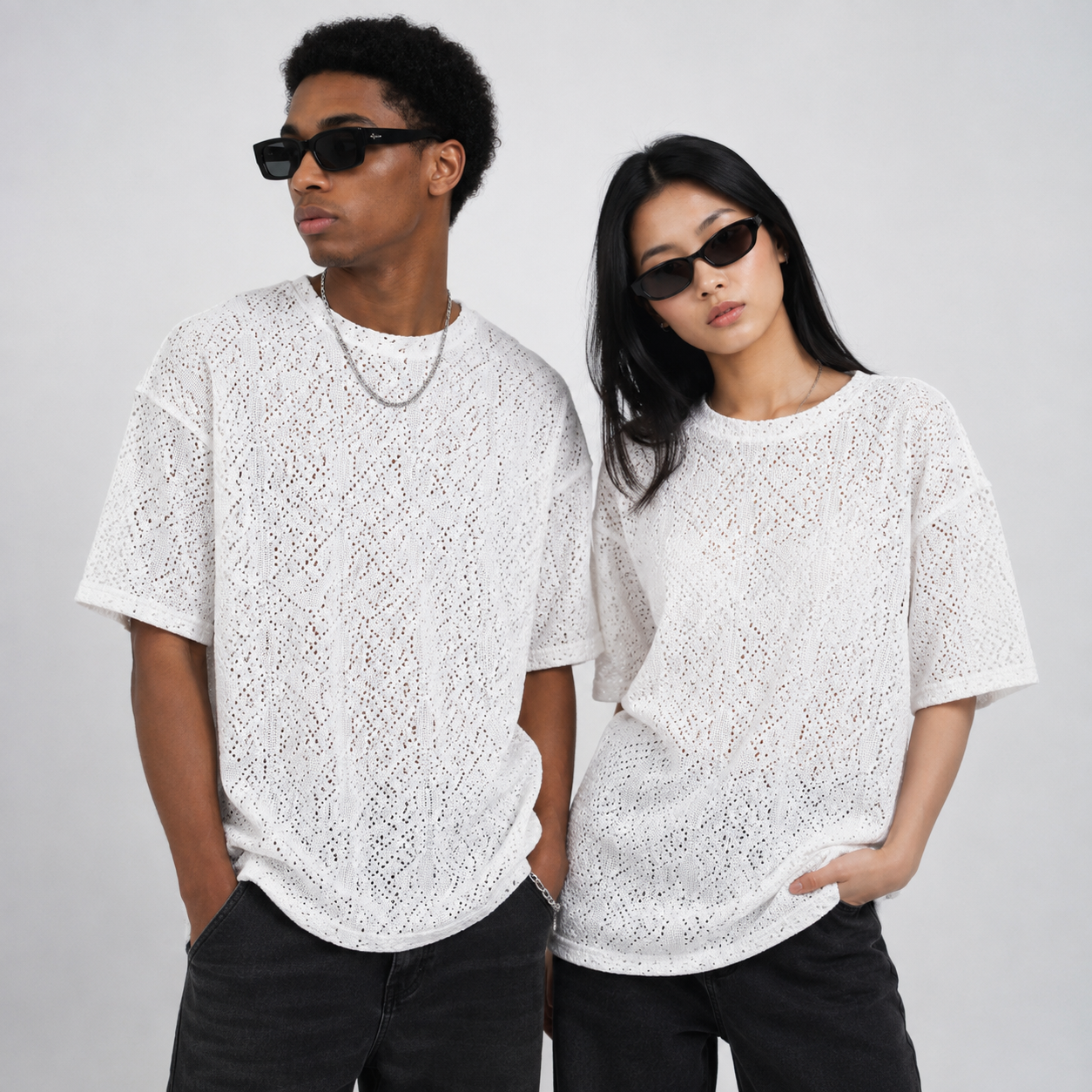Summer Mesh Knit T-Shirt - White - Crochet Knit Oversized
