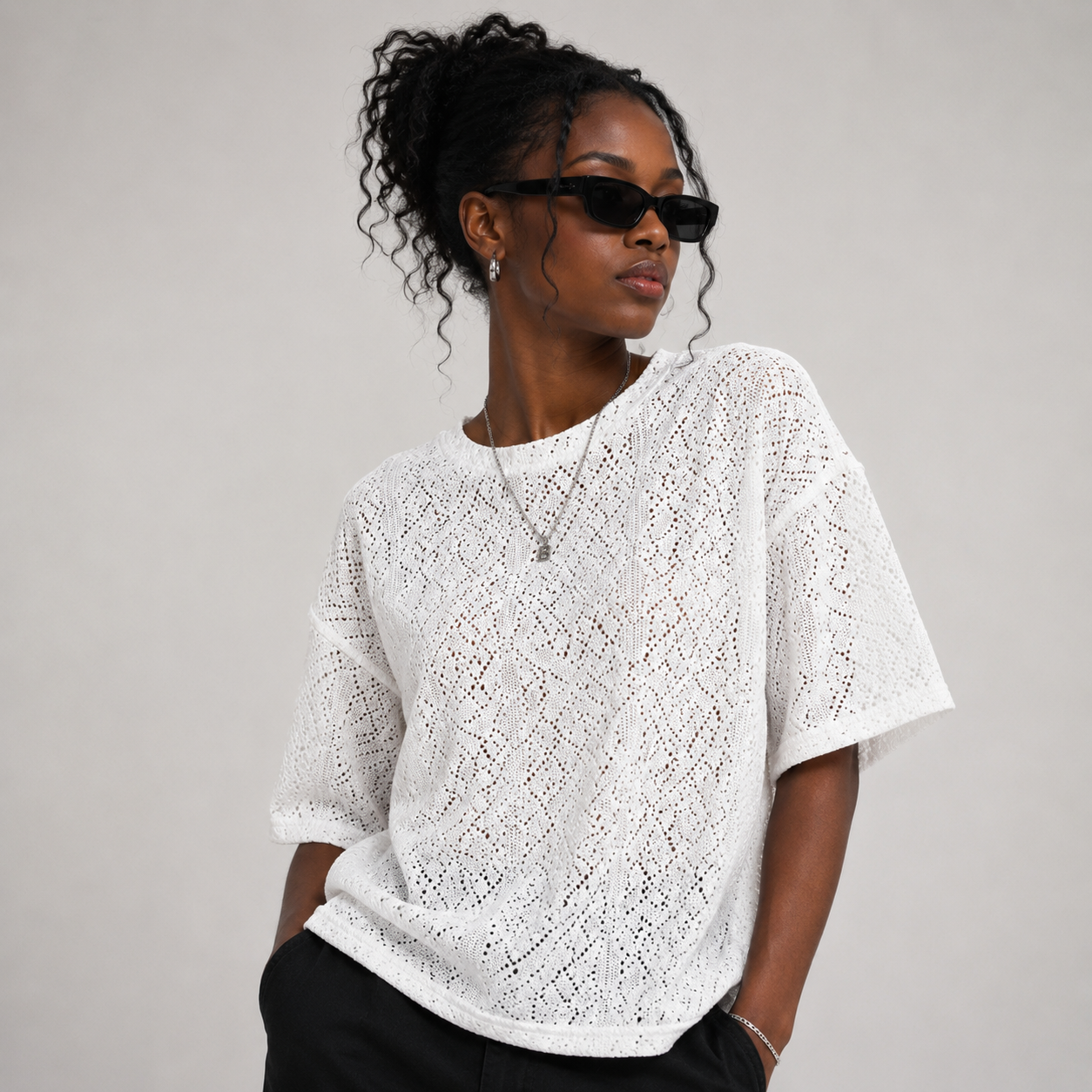 Summer Mesh Knit T-Shirt - White - Crochet Knit Oversized