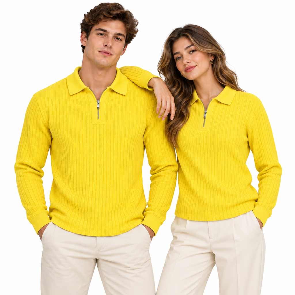 Sunshine Yellow Ribbed Quarter-Zip Polo Tee | Smart Fit