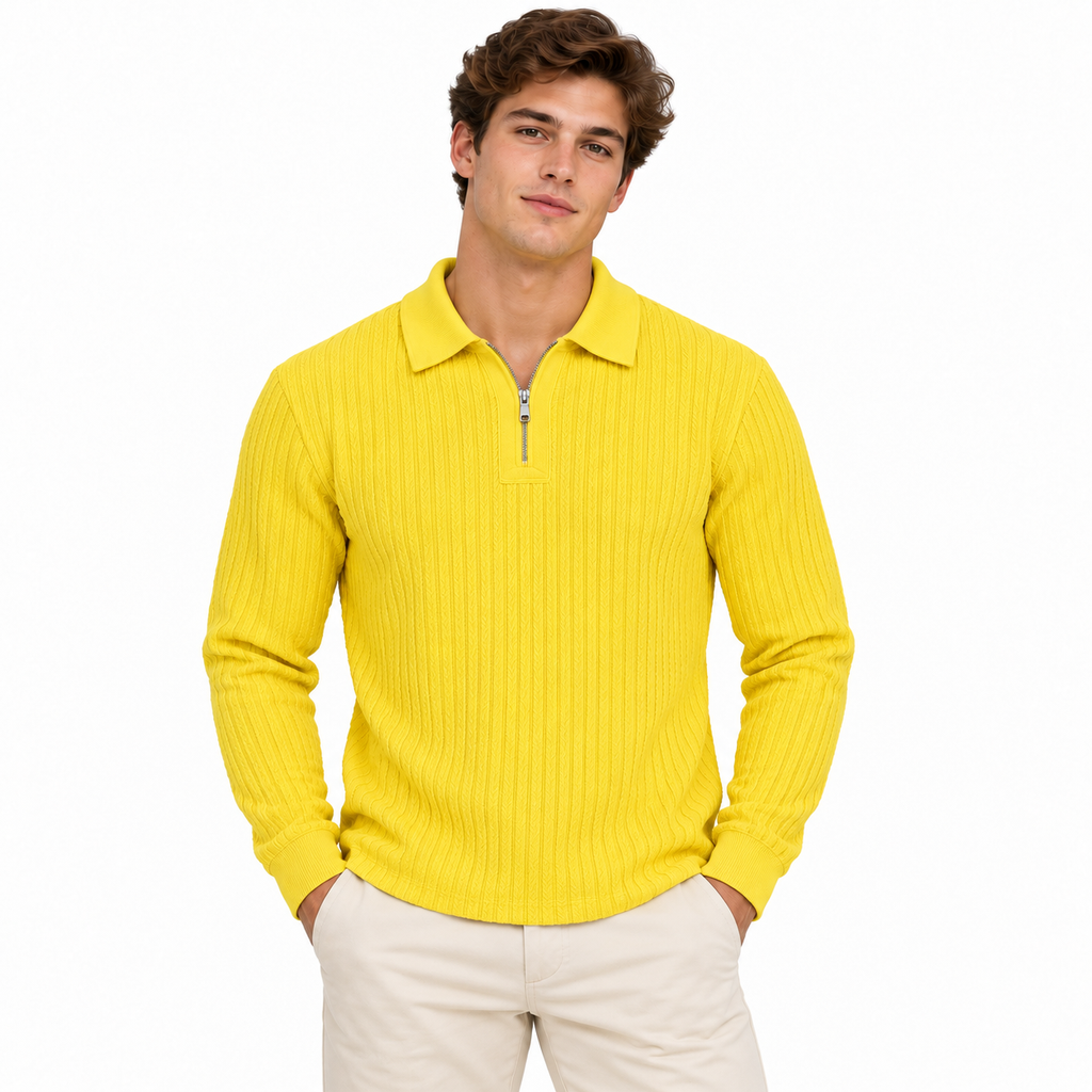Sunshine Yellow Ribbed Quarter-Zip Polo Tee | Smart Fit