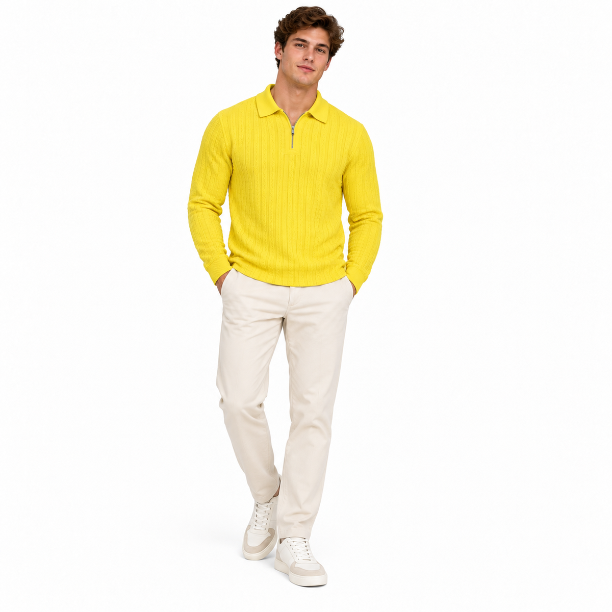 Sunshine Yellow Ribbed Quarter-Zip Polo Tee | Smart Fit