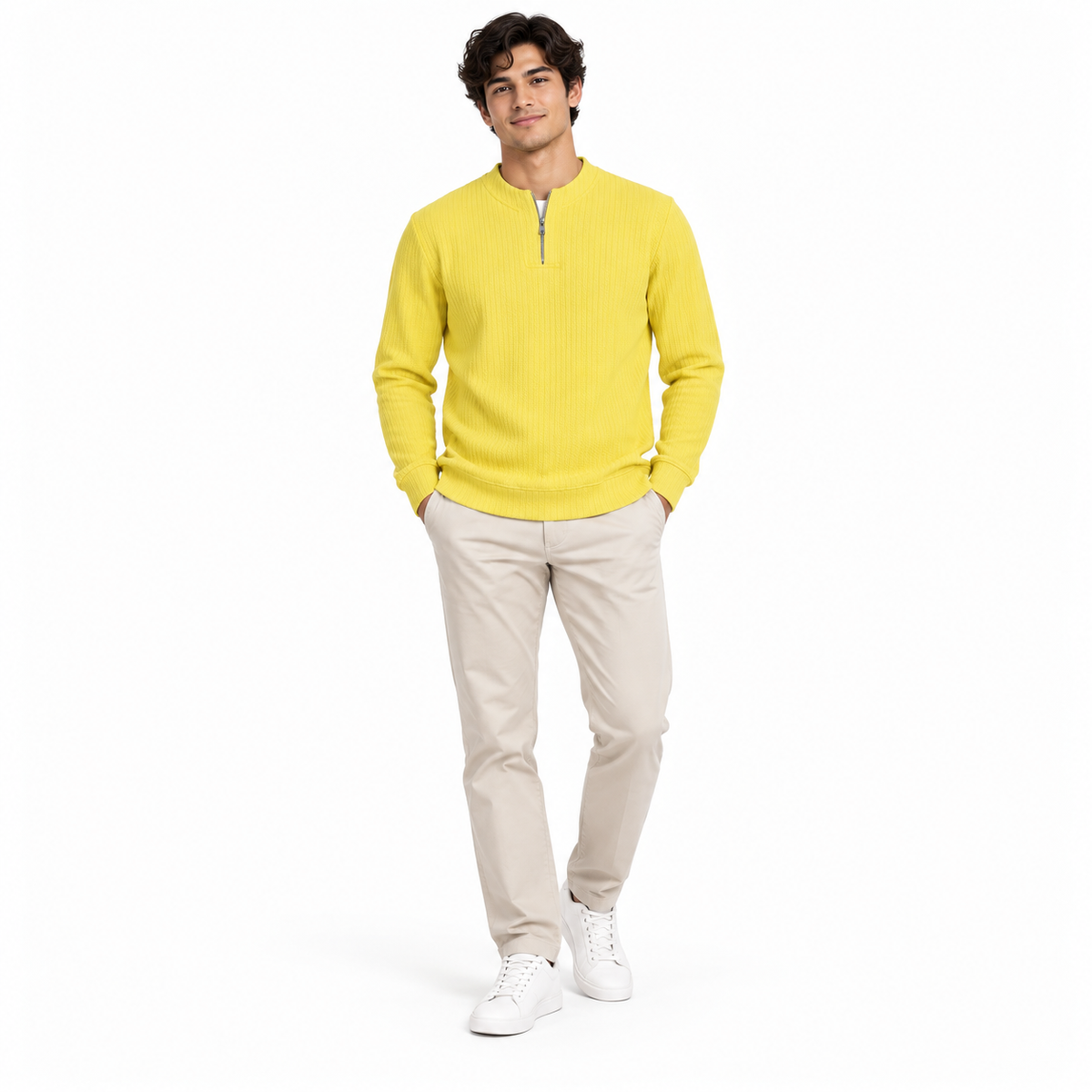 Sunshine Yellow Ribbed Quarter-Zip Polo Tee | Smart Fit