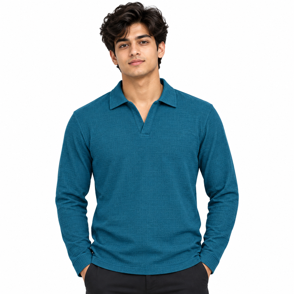 Teal Blue Textured Dry-Fit Polo Shirt – Unisex Long Sleeve