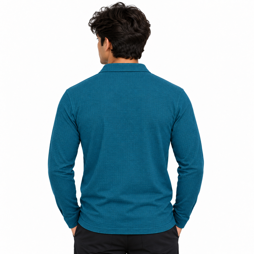 Teal Blue Textured Dry-Fit Polo Shirt – Unisex Long Sleeve