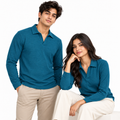 Teal Blue Textured Dry-Fit Polo Shirt – Unisex Long Sleeve
