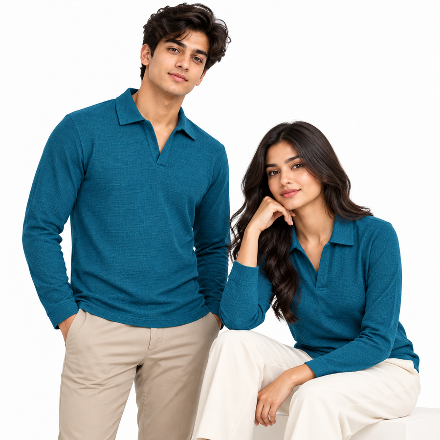 Teal Blue Textured Dry-Fit Polo Shirt – Unisex Long Sleeve