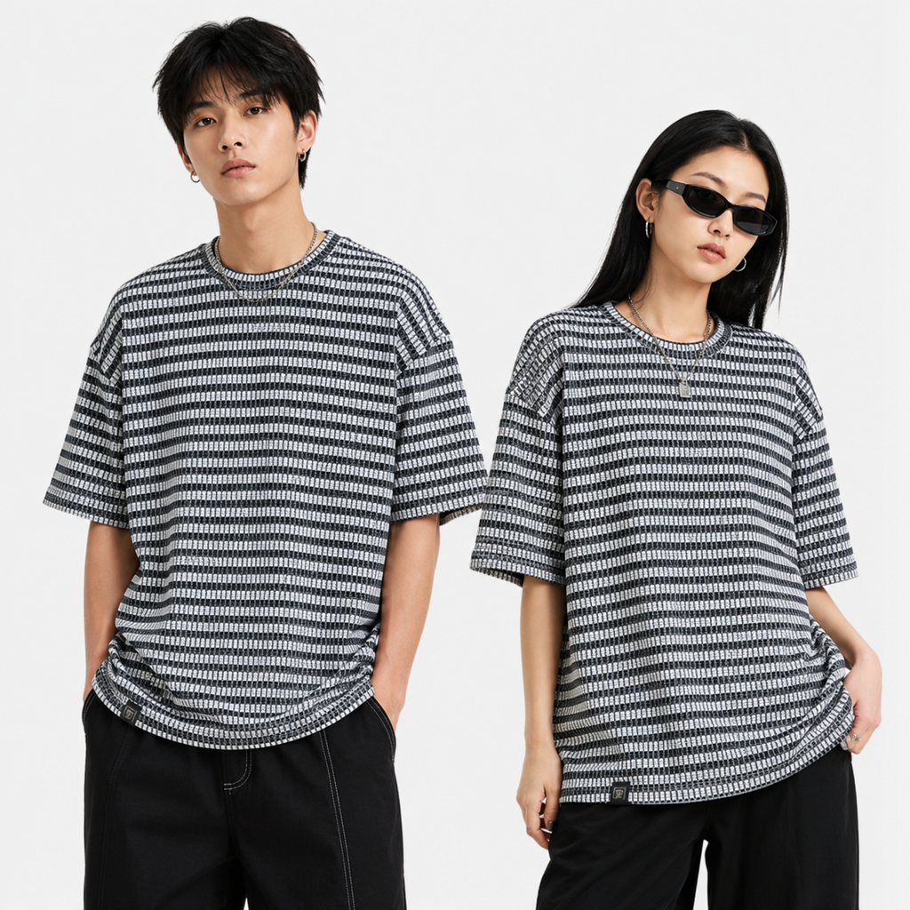 Textured Knit Stripe Drop Shoulder T-Shirt – Black & White