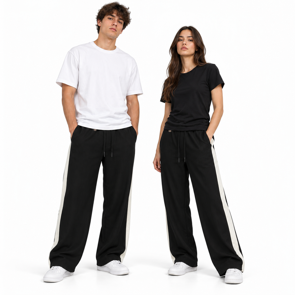 Textured Wide-Leg Track Pantt – Black
