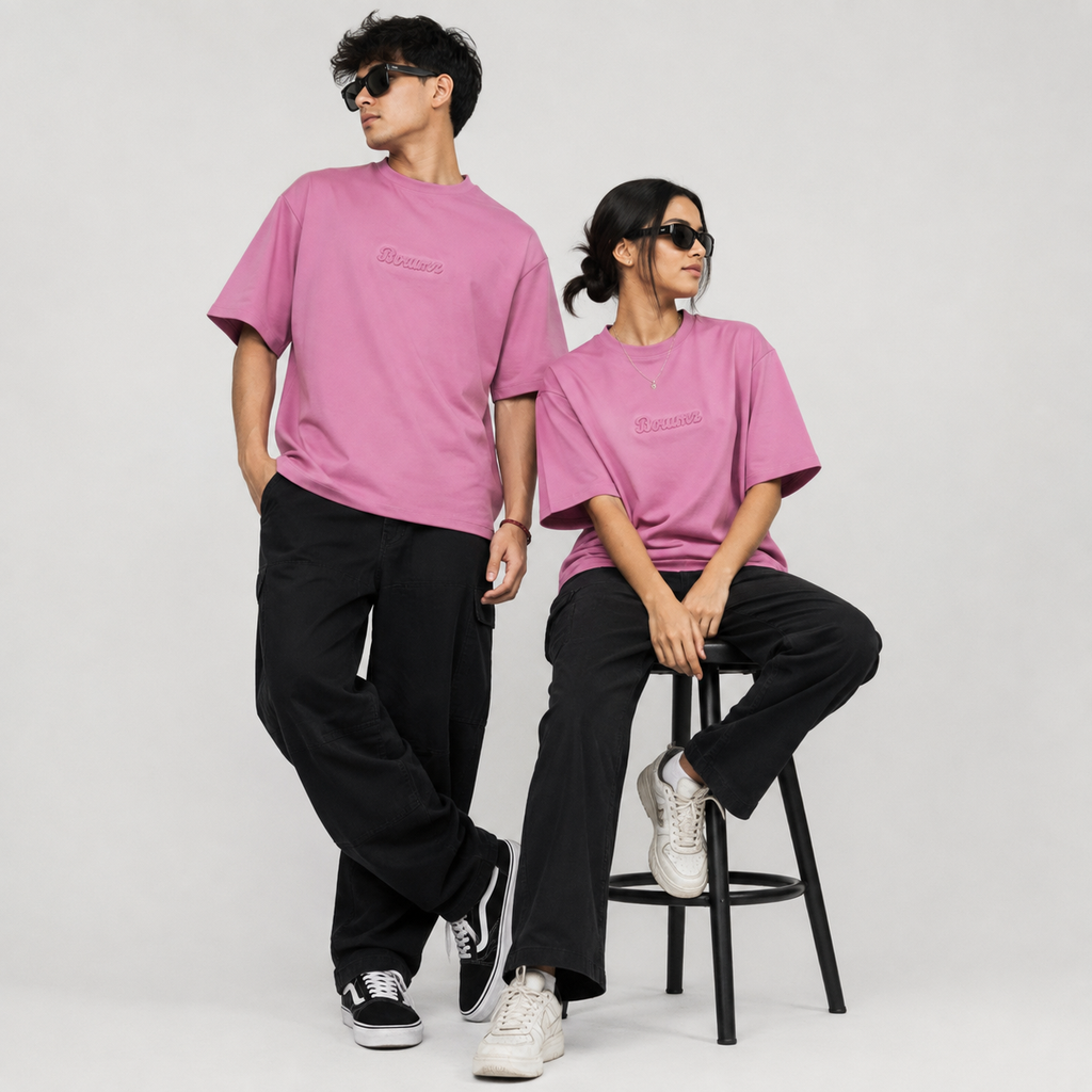 Unisex Embossed Logo Crew Neck T-Shirt - Muted Pink