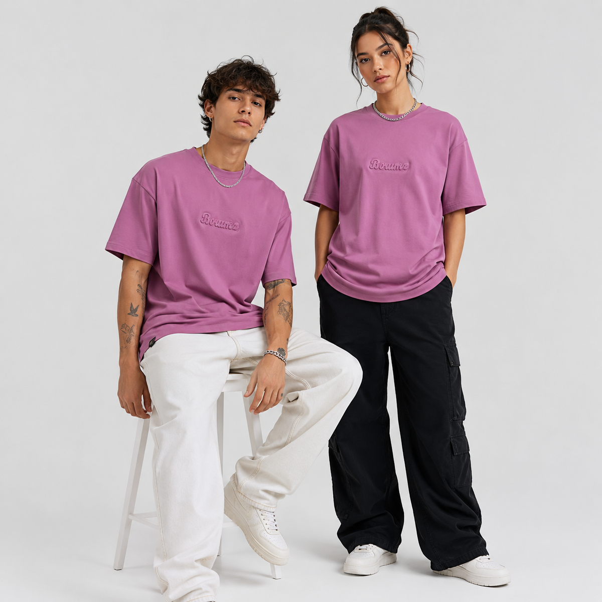 Unisex Embossed Logo Crew Neck T-Shirt - Muted Pink
