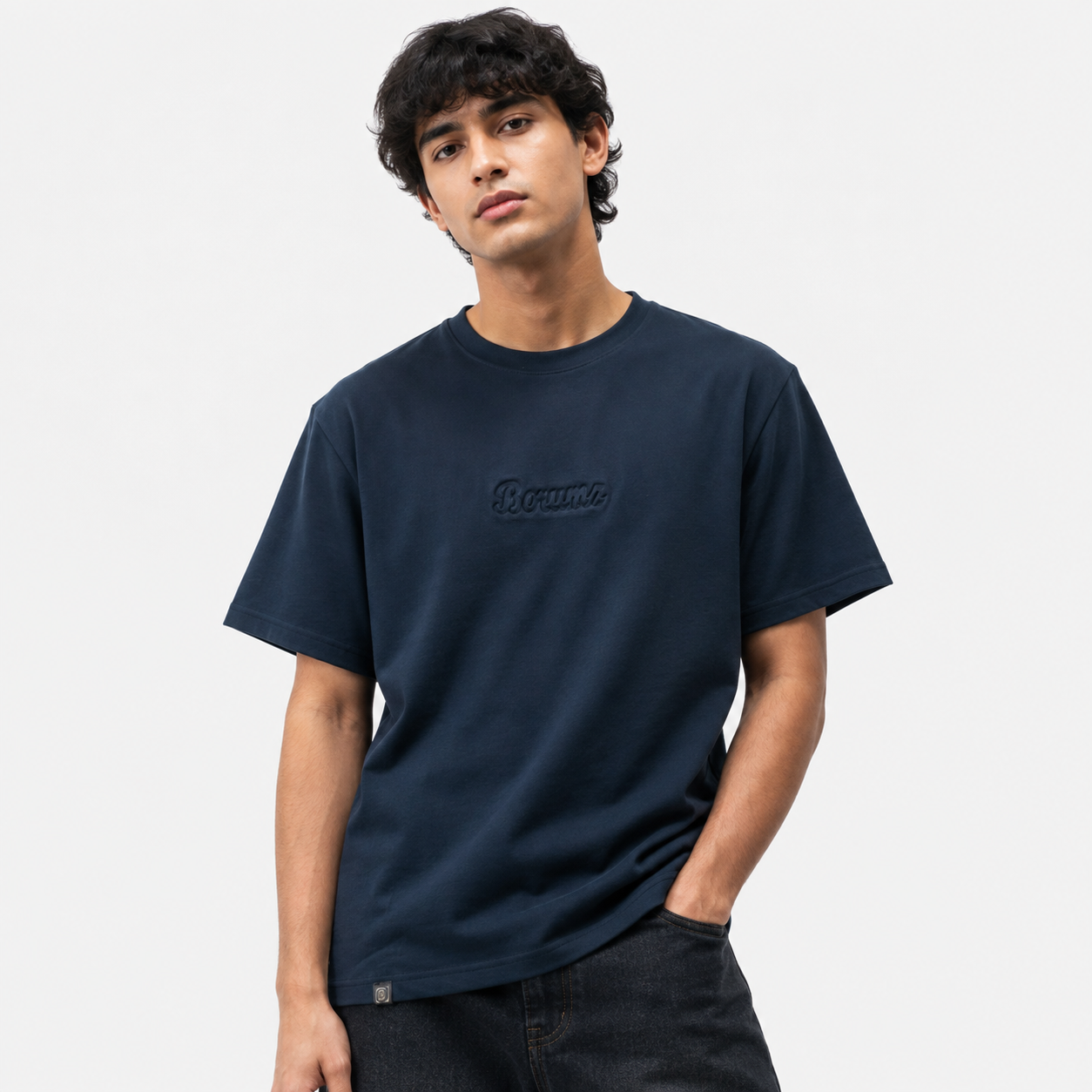 Unisex Embossed Logo Crew Neck T-Shirt - Dark Navy