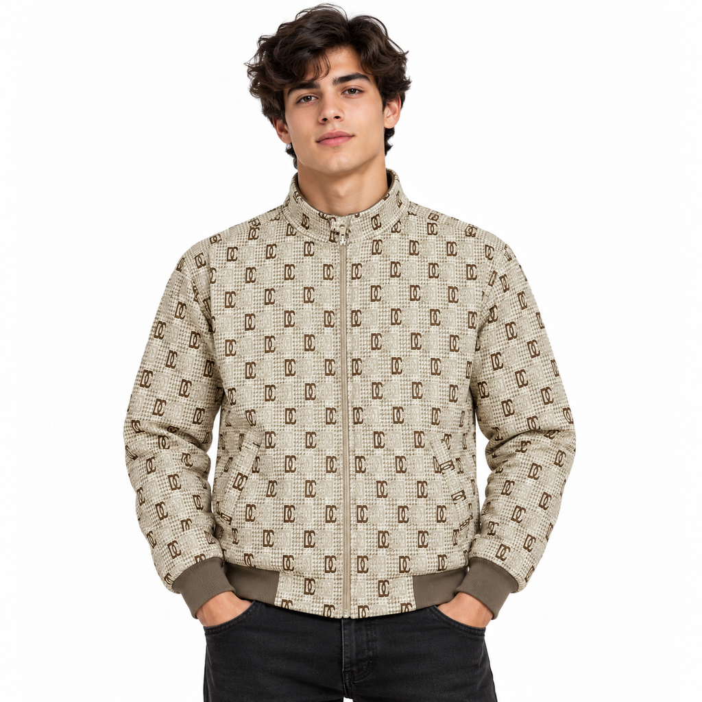 Beige & Brown GG Monogram Jacquard Knit Zip-Up Jacket