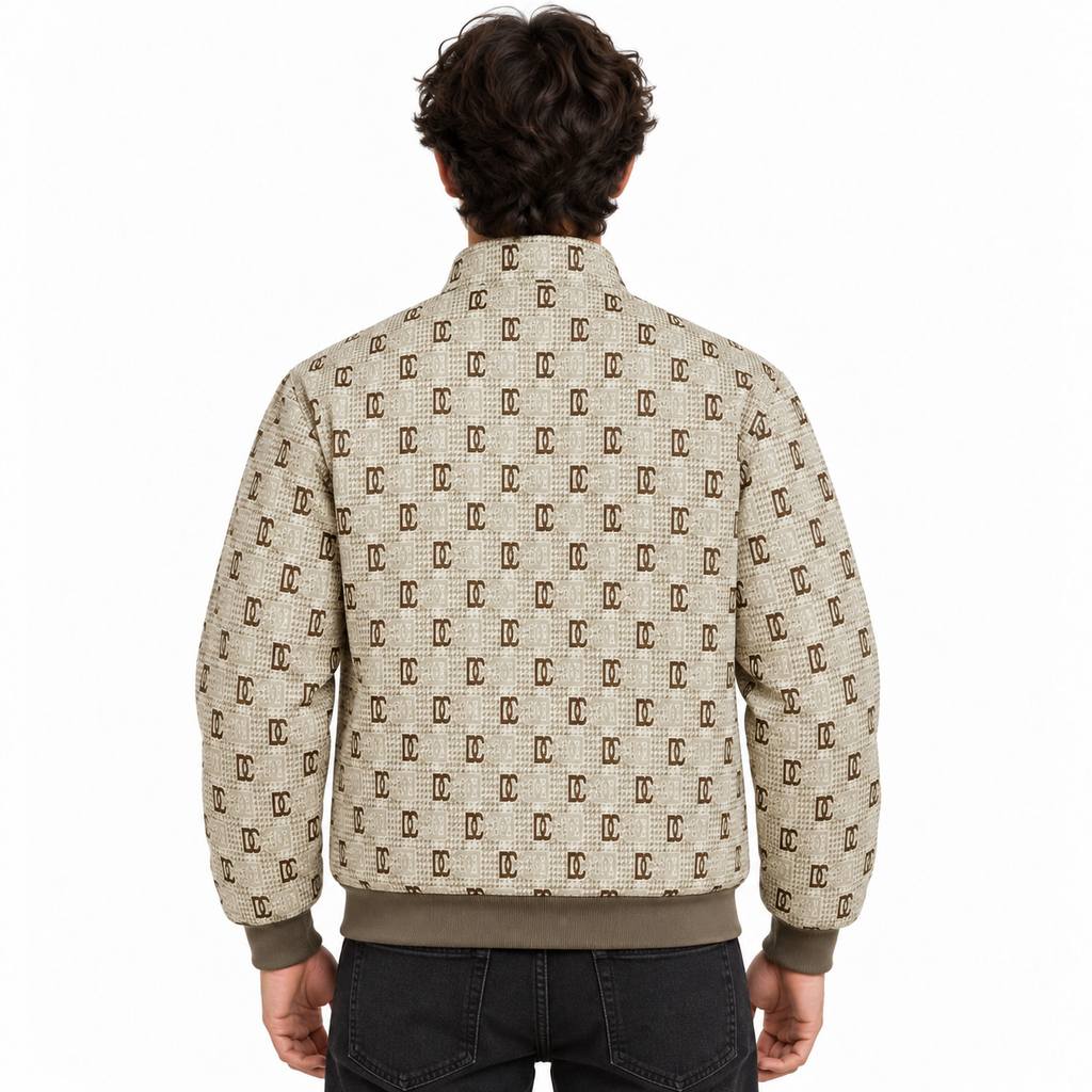 Beige & Brown GG Monogram Jacquard Knit Zip-Up Jacket