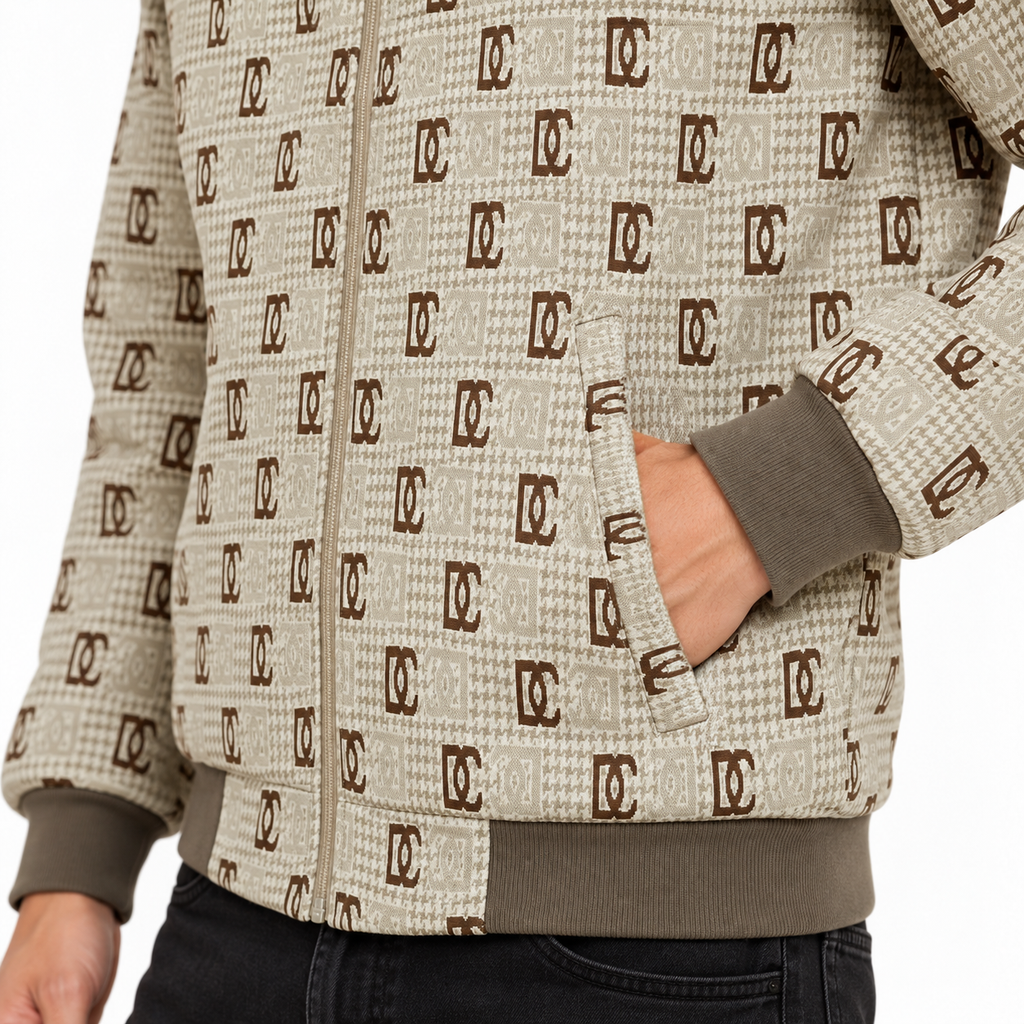 Beige & Brown GG Monogram Jacquard Knit Zip-Up Jacket